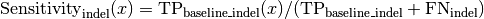 \text{Sensitivity}_\text{indel}(x) = \text{TP}_\text{baseline\_indel}(x) / (\text{TP}_\text{baseline\_indel} + \text{FN}_\text{indel})